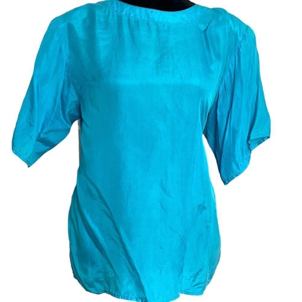 Vintage Sweet Briar Womens Blue 100% Silk Short Sleeve Blouse Size Medium Casual